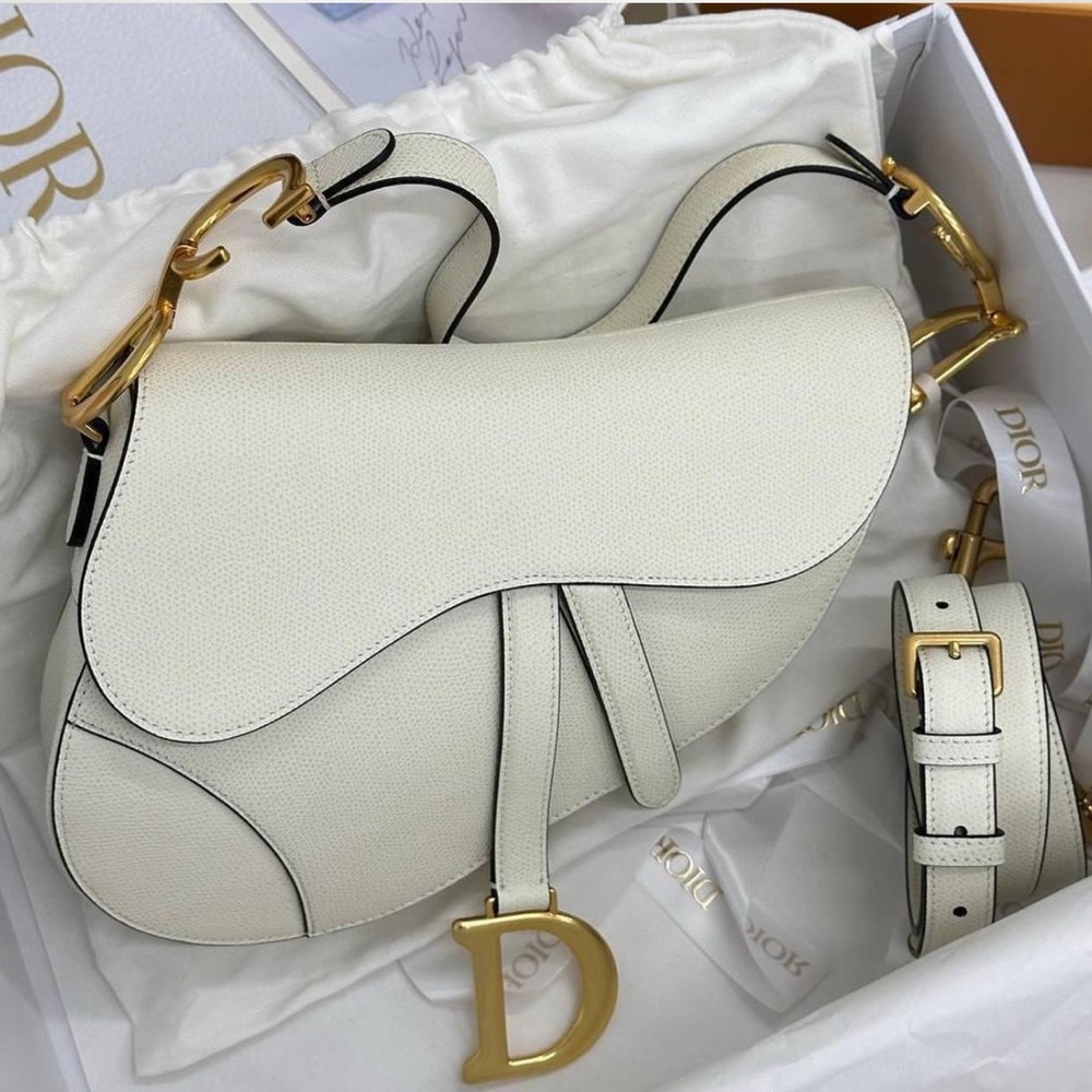 Dior White and Gold Saddle Bag with Structured Design